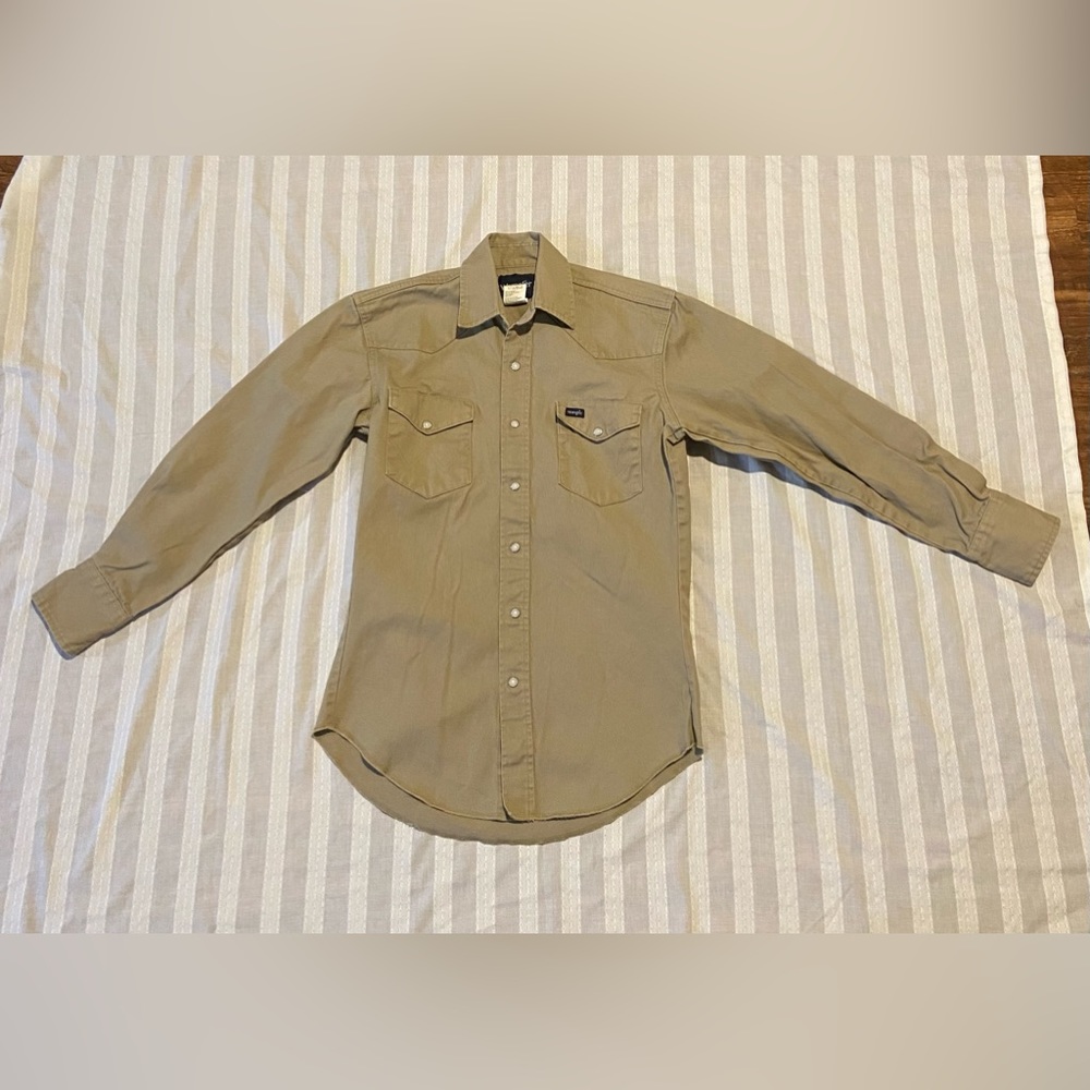 Wrangler Khaki Pearl Snap Shirt Men Size Small Preowned Great Condition
